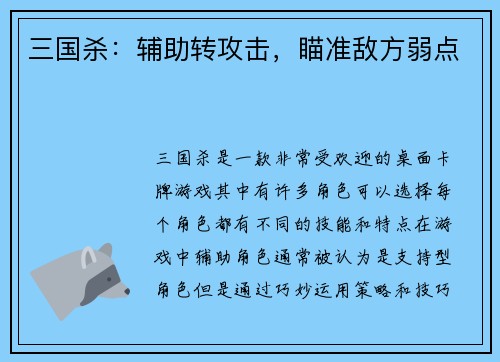 三国杀：辅助转攻击，瞄准敌方弱点